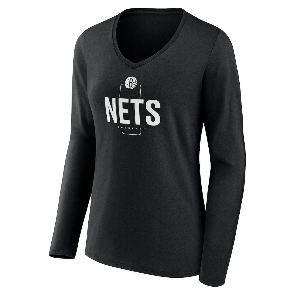 Black Brooklyn Nets Women's Center Court Name & Number Custom Long Sleeve V-Neck T-Shirt | NBA