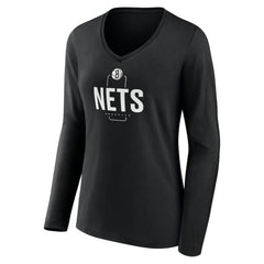 Black Brooklyn Nets Women's Center Court Name & Number Custom Long Sleeve V-Neck T-Shirt | NBA