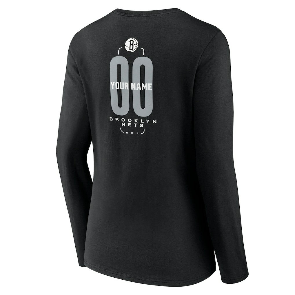 Black Brooklyn Nets Women's Center Court Name & Number Custom Long Sleeve V-Neck T-Shirt | NBA