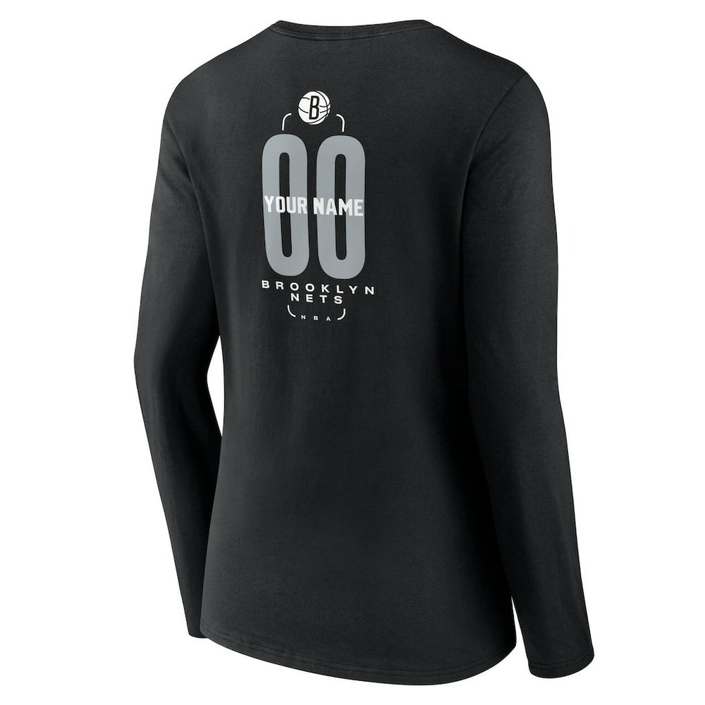 Black Brooklyn Nets Women's Center Court Name & Number Custom Long Sleeve V-Neck T-Shirt | NBA