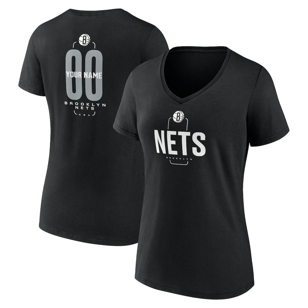 Black Brooklyn Nets Women's Center Court Name & Number Custom V-Neck T-Shirt | NBA