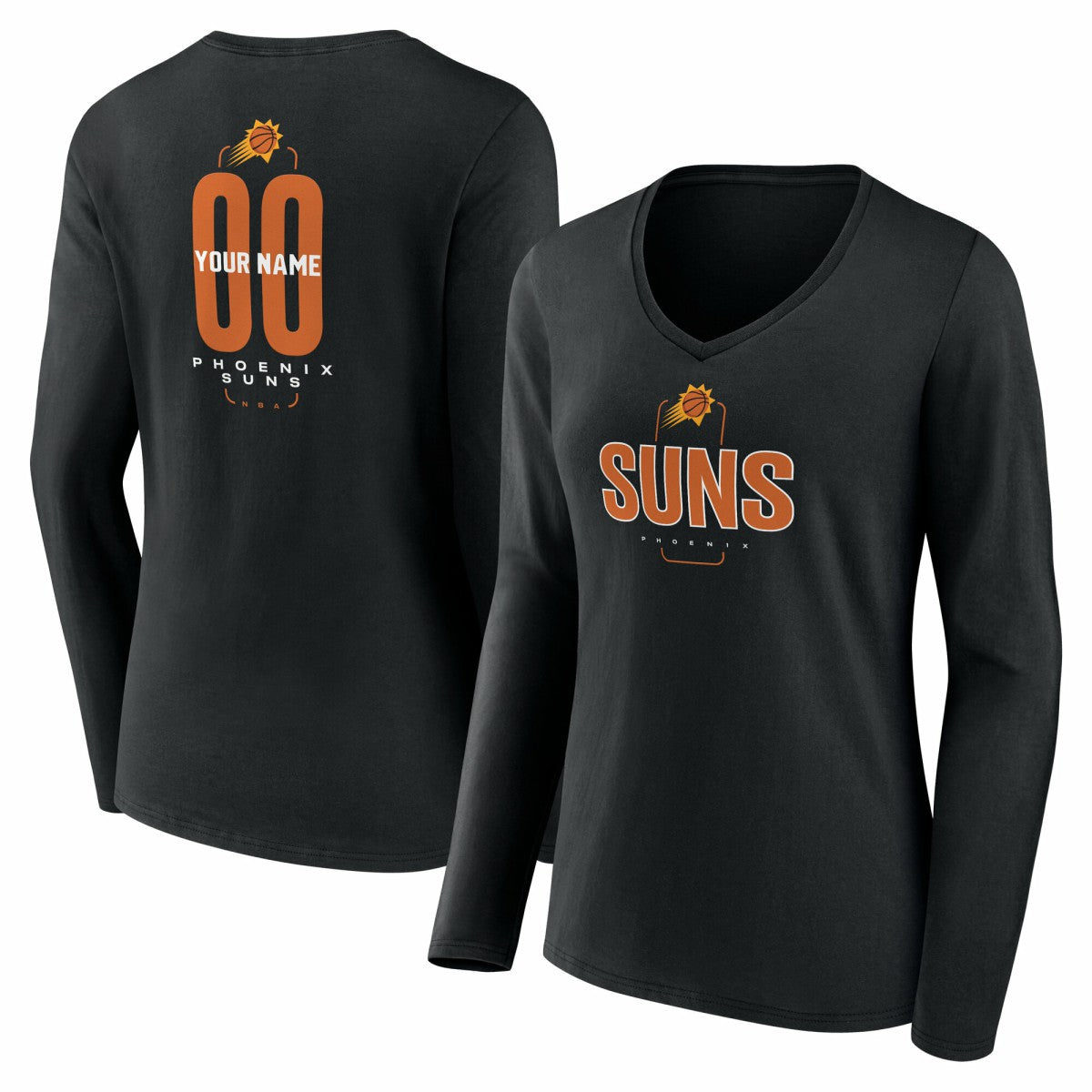 Black Phoenix Suns Women's Center Court Name & Number Custom Long Sleeve V-Neck T-Shirt | NBA