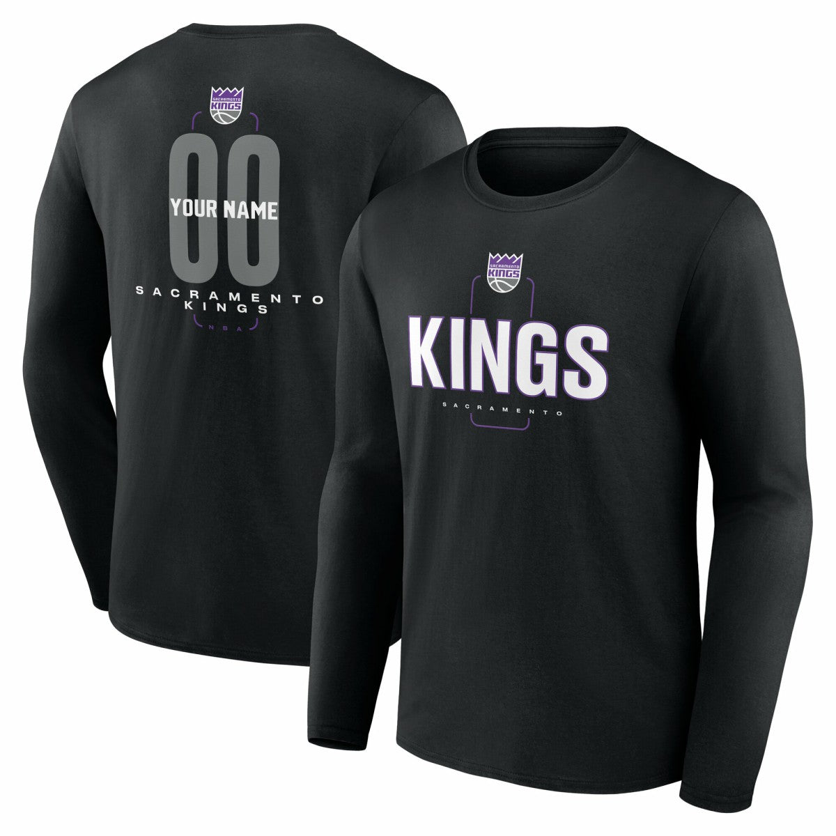 Black Sacramento Kings Center Court Name & Number Custom Long Sleeve T-Shirt | NBA
