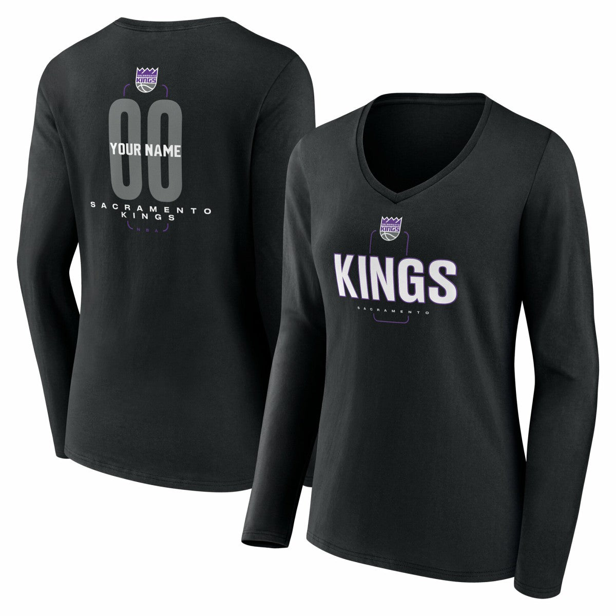 Black Sacramento Kings Women's Center Court Name & Number Custom Long Sleeve V-Neck T-Shirt | NBA