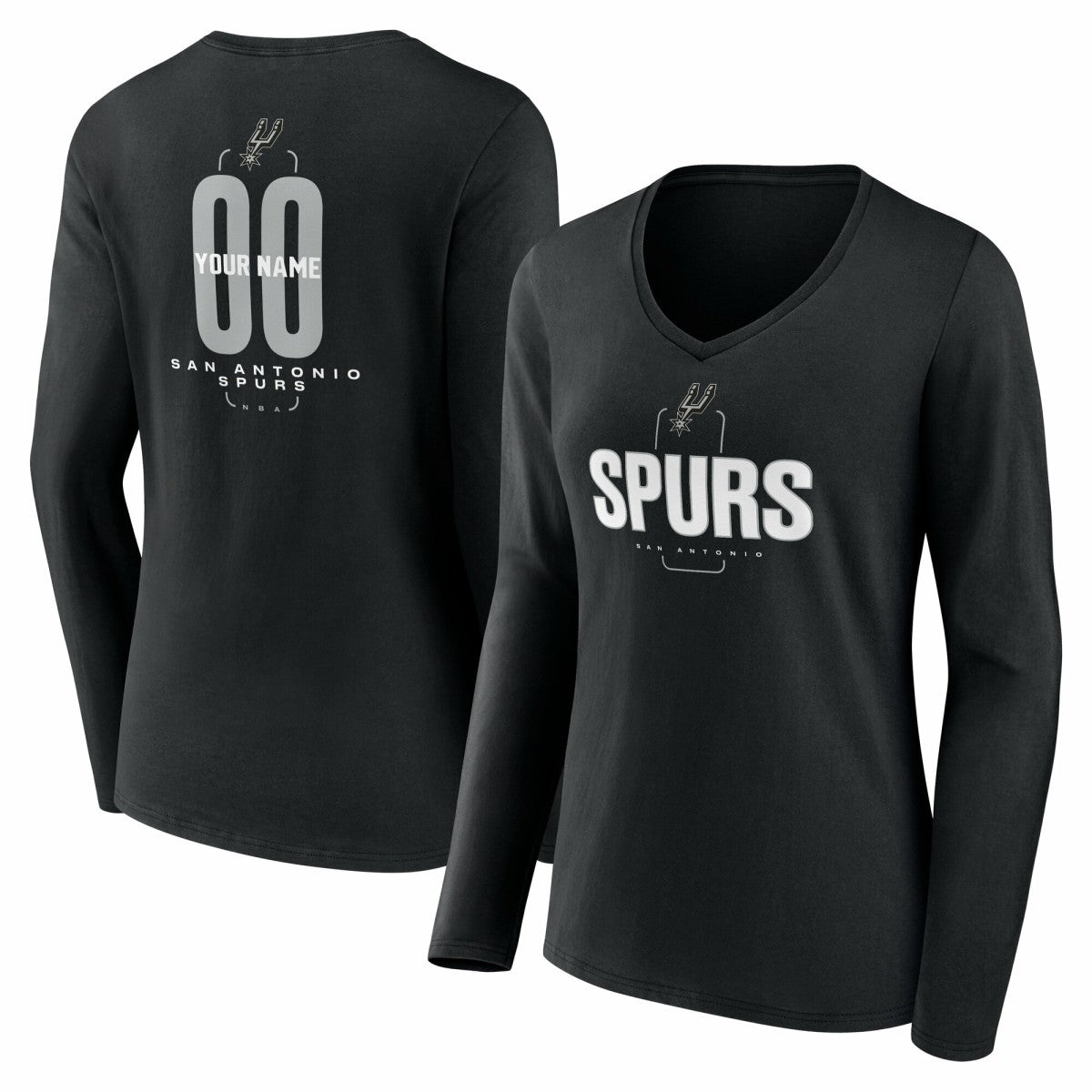 Black San Antonio Spurs Women's Center Court Name & Number Custom Long Sleeve V-Neck T-Shirt | NBA