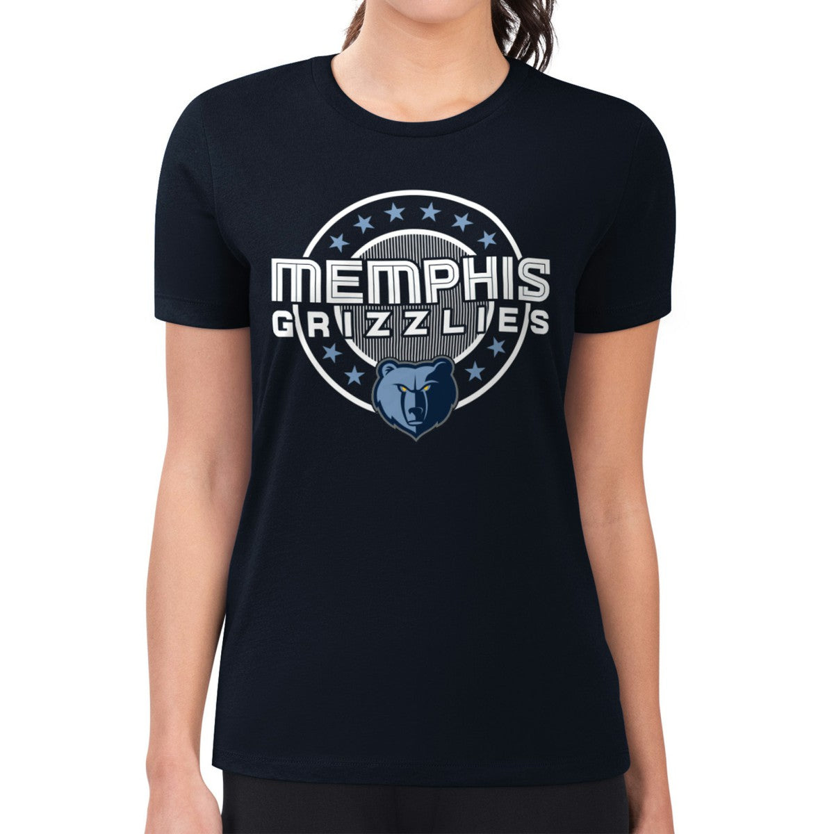 Navy Memphis Grizzlies G-III 4Her by Carl Banks Women's Super-Slim Lightweight Pinstripe Circle Graphic T-Shirt | NBA