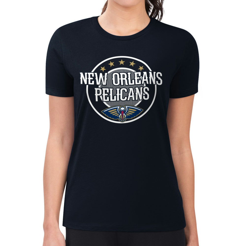 Navy New Orleans Pelicans G-III 4Her by Carl Banks Women's Super-Slim Lightweight Pinstripe Circle Graphic T-Shirt | NBA