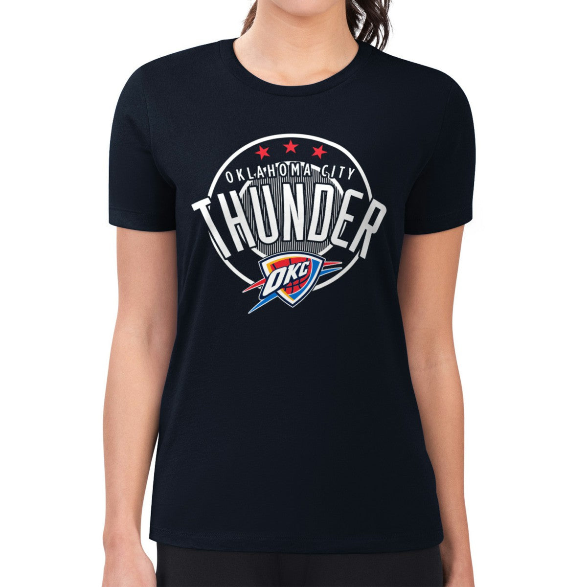 Navy Oklahoma City Thunder G-III 4Her by Carl Banks Women's Super-Slim Lightweight Pinstripe Circle Graphic T-Shirt | NBA