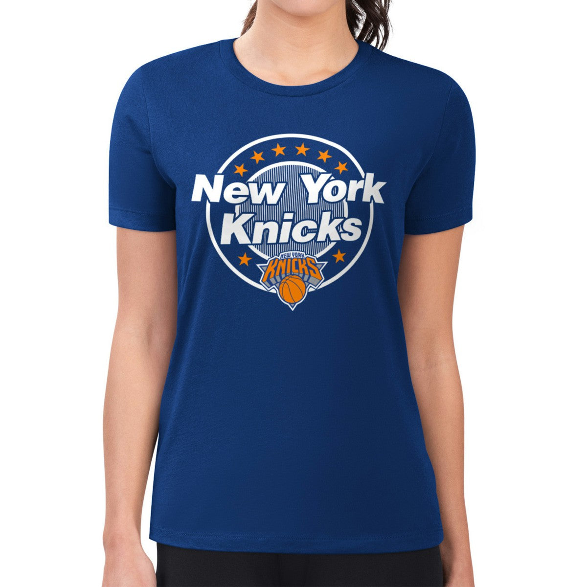 Blue New York Knicks G-III 4Her by Carl Banks Women's Super-Slim Lightweight Pinstripe Circle Graphic T-Shirt | NBA