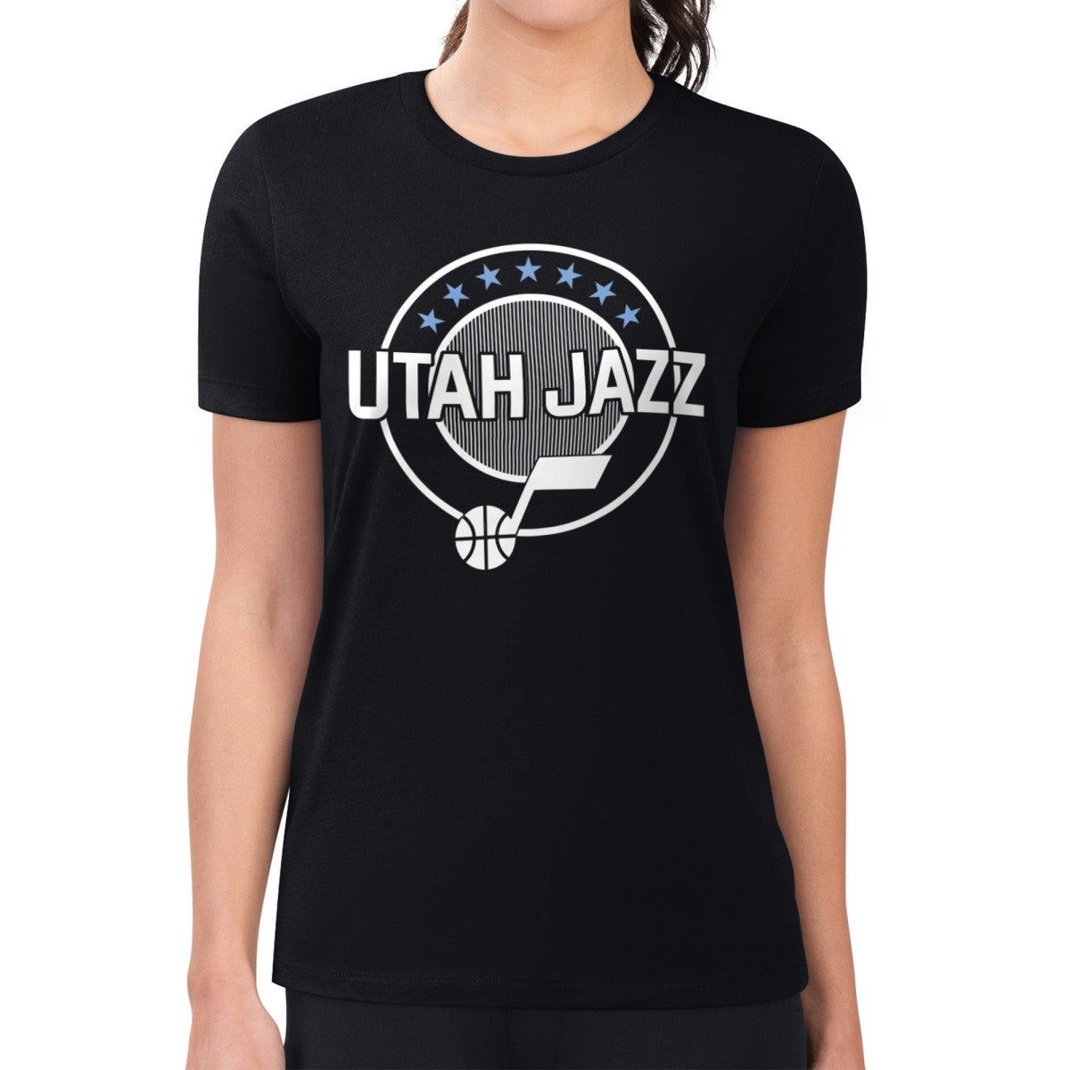 Black Utah Jazz G-III 4Her by Carl Banks Women's Super-Slim Lightweight Pinstripe Circle Graphic T-Shirt | NBA