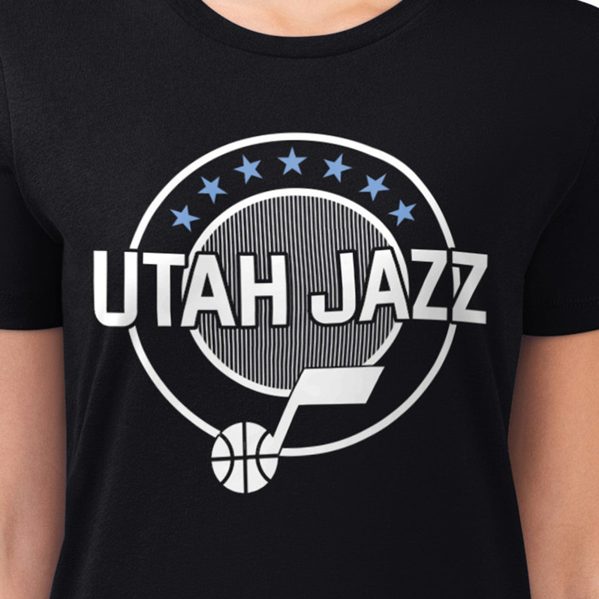Black Utah Jazz G-III 4Her by Carl Banks Women's Super-Slim Lightweight Pinstripe Circle Graphic T-Shirt | NBA