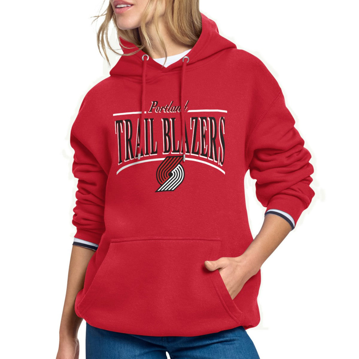 Red Portland Trail Blazers Starter Women's Arch Stripe Fleece Hoodie | NBA