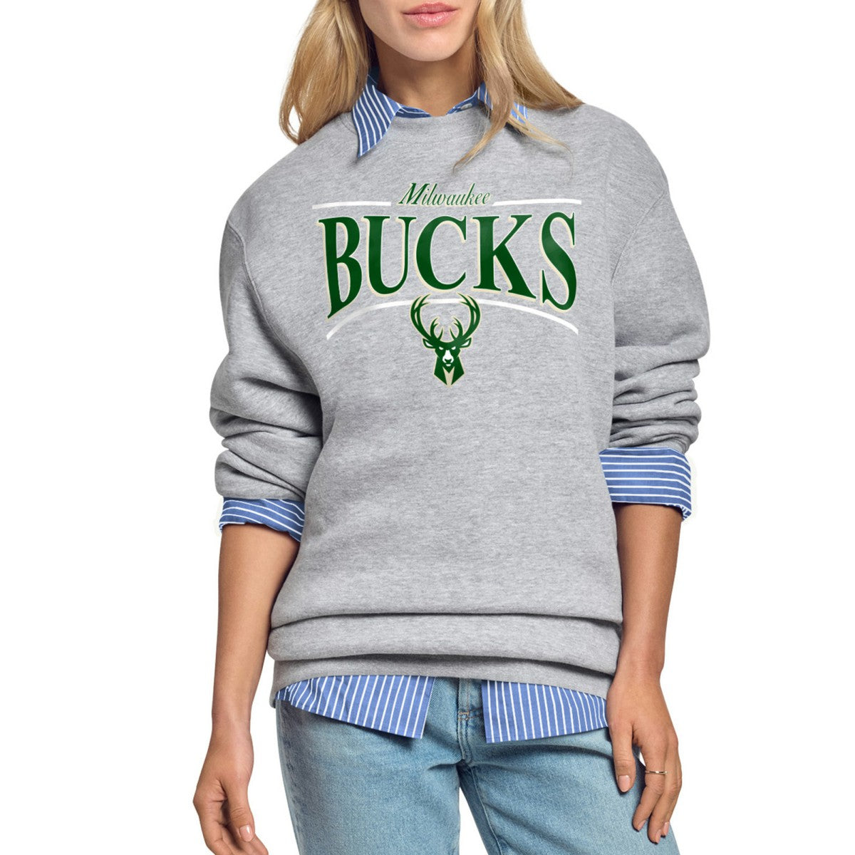 Gray Milwaukee Bucks Starter Women's Arch Stripe Fleece Crewneck Sweatshirt | NBA