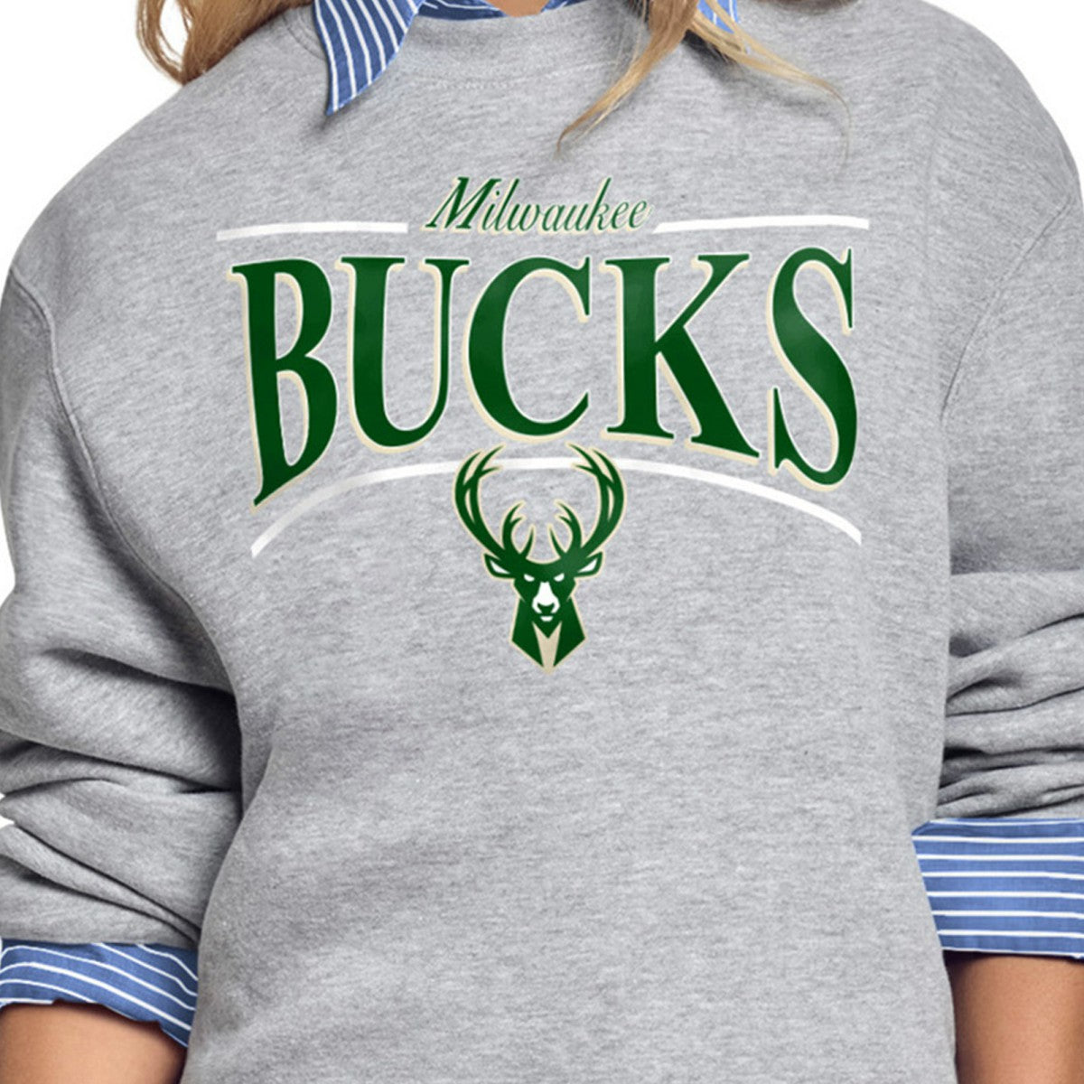 Gray Milwaukee Bucks Starter Women's Arch Stripe Fleece Crewneck Sweatshirt | NBA