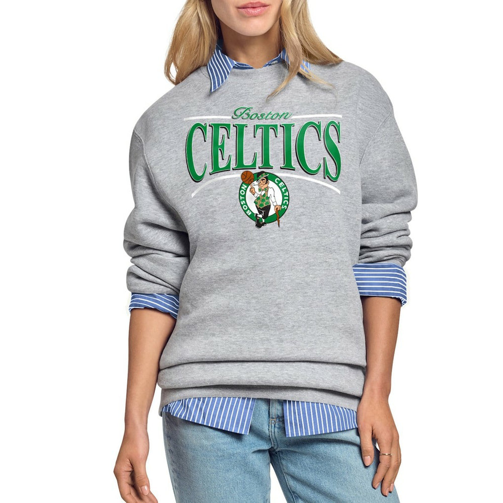 Gray Boston Celtics Starter Women's Arch Stripe Fleece Crewneck Sweatshirt | NBA