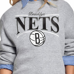Gray Brooklyn Nets Starter Women's Arch Stripe Fleece Crewneck Sweatshirt | NBA