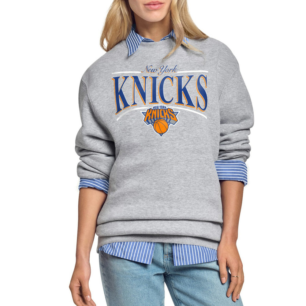 Gray New York Knicks Starter Women's Arch Stripe Fleece Crewneck Sweatshirt | NBA