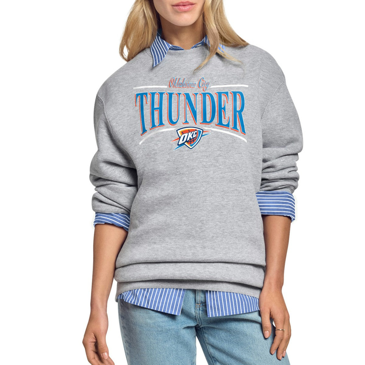 Gray Oklahoma City Thunder Starter Women's Arch Stripe Fleece Crewneck Sweatshirt | NBA