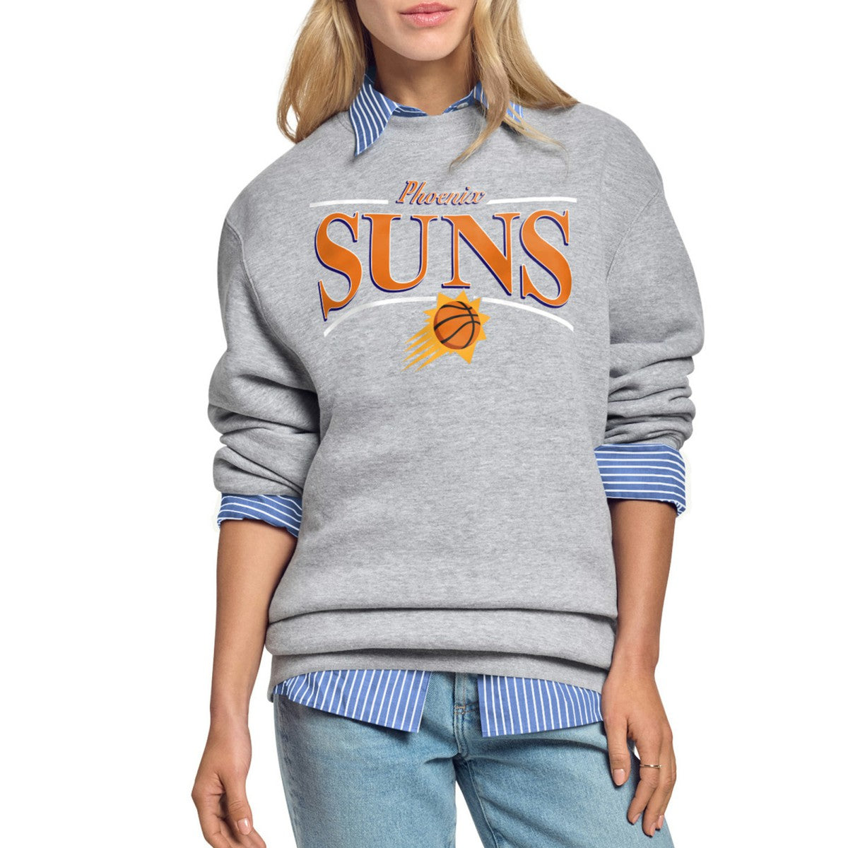 Gray Phoenix Suns Starter Women's Arch Stripe Fleece Crewneck Sweatshirt | NBA