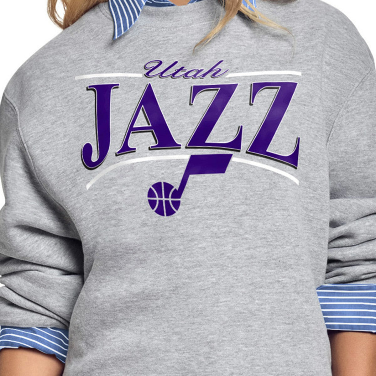 Gray Utah Jazz Starter Women's Arch Stripe Fleece Crewneck Sweatshirt | NBA