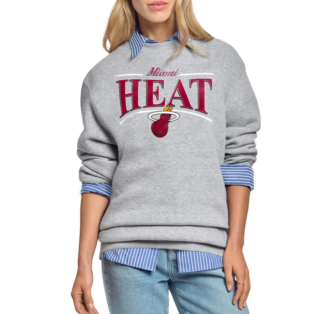 Gray Miami Heat Starter Women's Arch Stripe Fleece Crewneck Sweatshirt | NBA