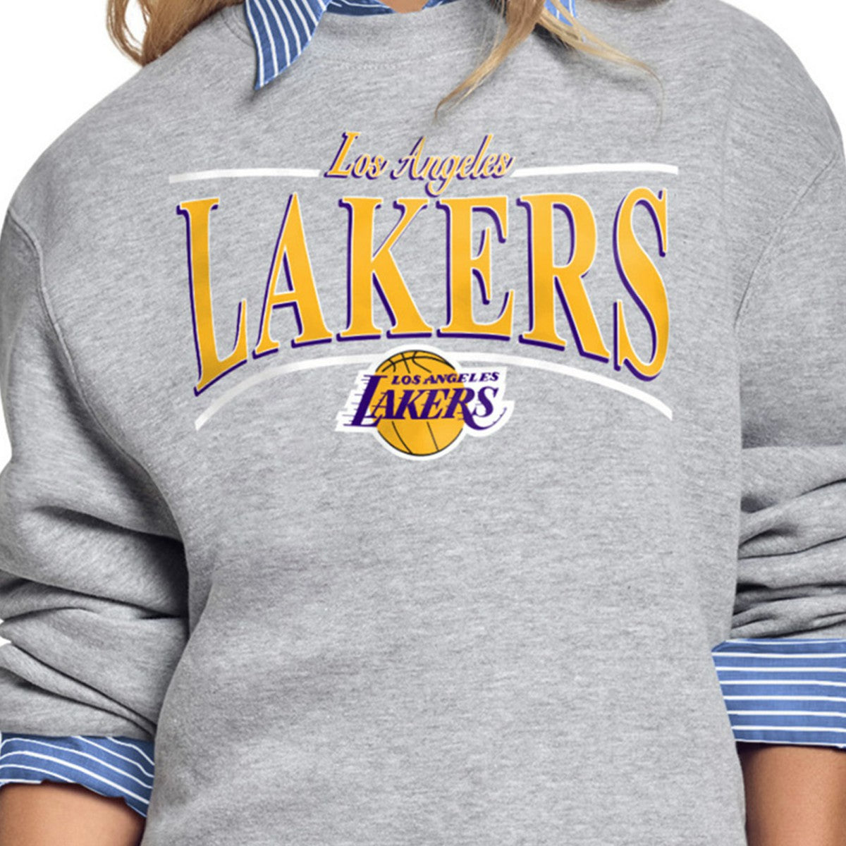 Gray Los Angeles Lakers Starter Women's Arch Stripe Fleece Crewneck Sweatshirt | NBA