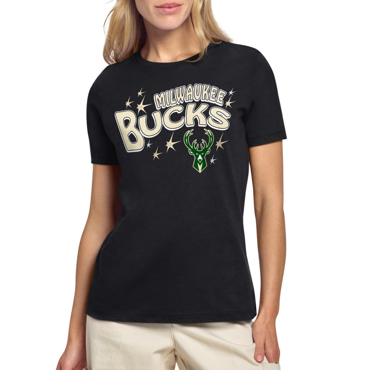 Black Milwaukee Bucks Starter Women's Fireworks T-Shirt | NBA