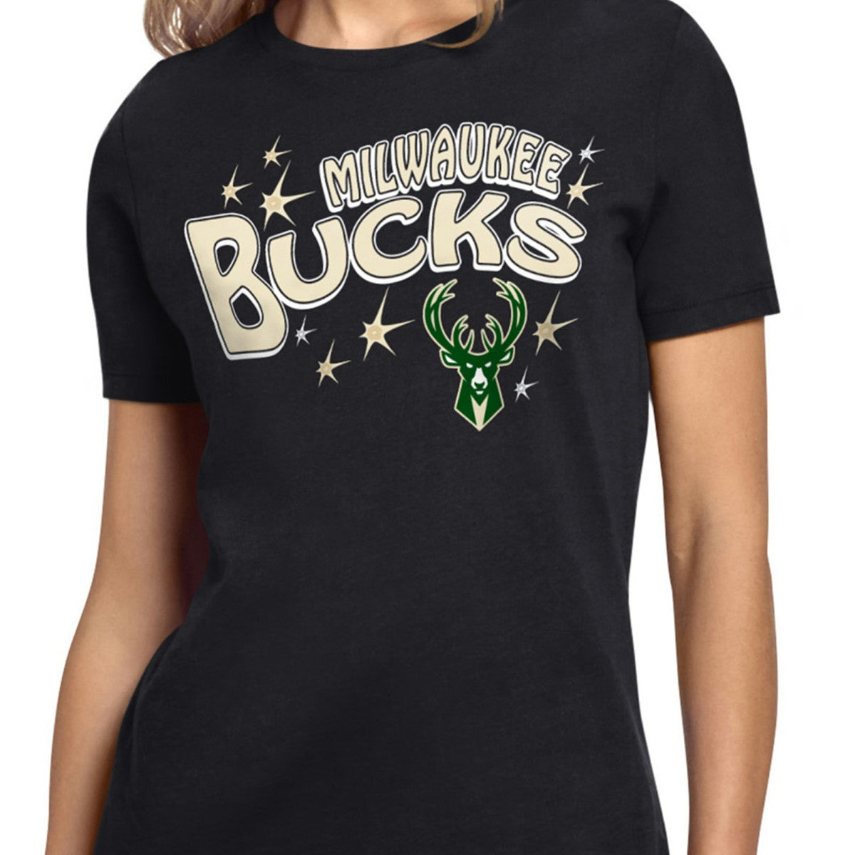 Black Milwaukee Bucks Starter Women's Fireworks T-Shirt | NBA