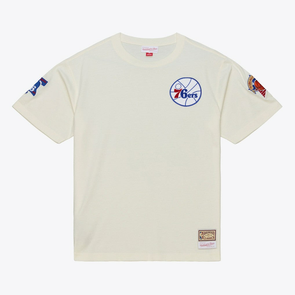 Cream Philadelphia 76ers Hardwood Classics Chainstitch Premium T-Shirt | NBA