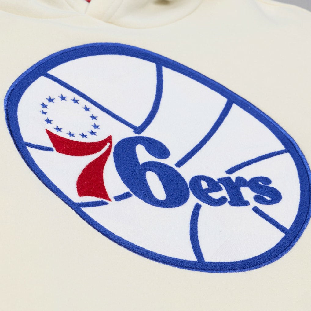 Cream Philadelphia 76ers Hardwood Classics Chainstitch Premium Fleece Hoodie | NBA