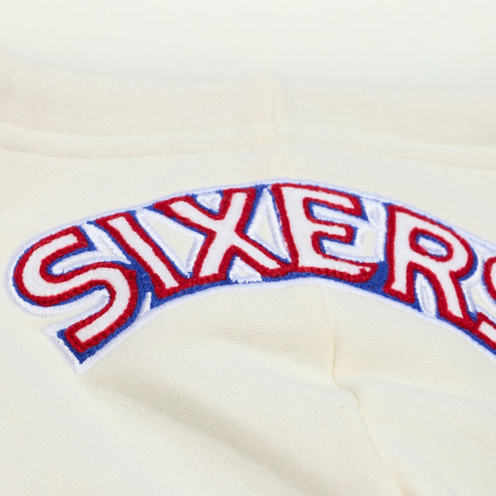 Cream Philadelphia 76ers Hardwood Classics Chainstitch Premium Fleece Hoodie | NBA