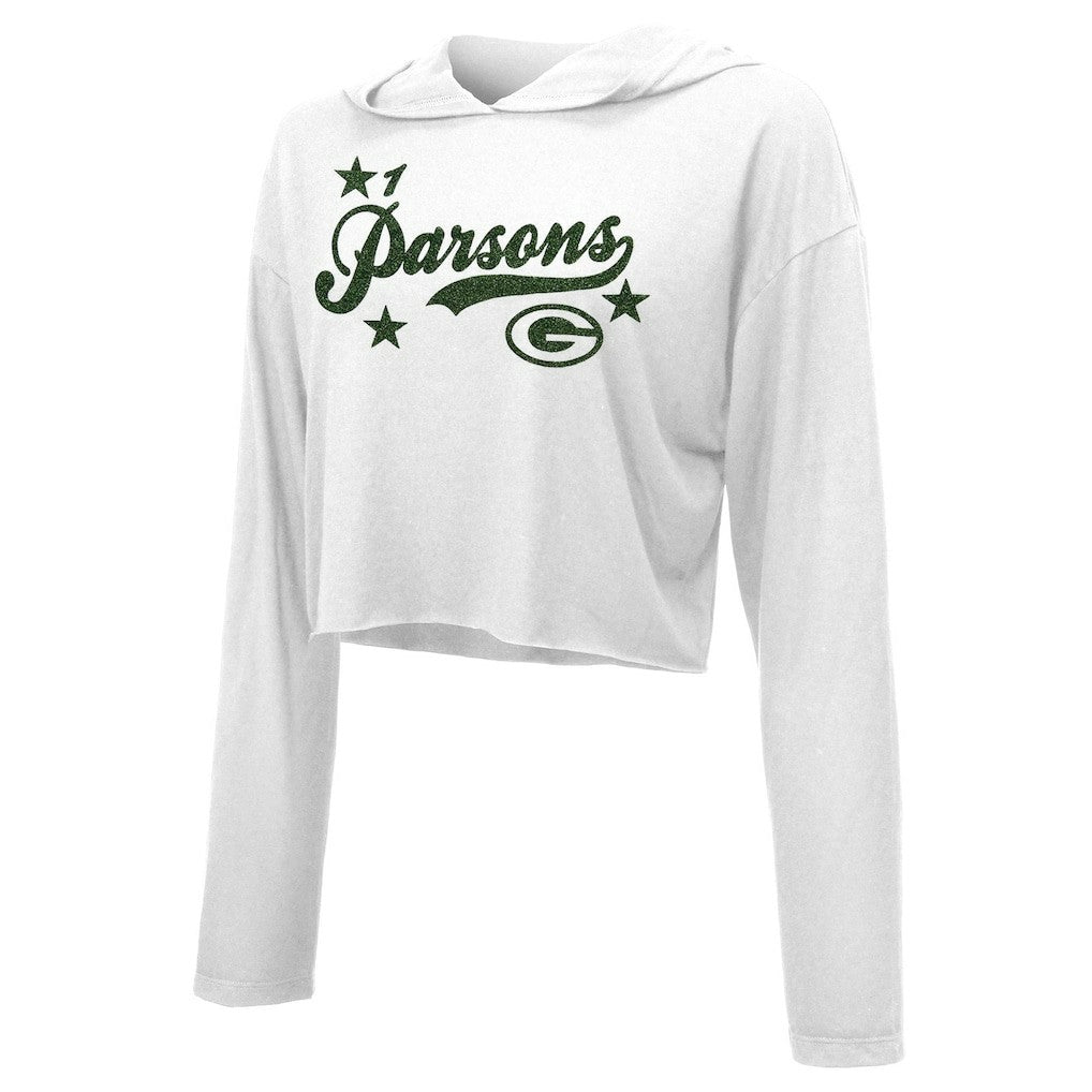 Green Bay Packers Micah Parsons  Majestic Threads Women's Glitter Wordmark Hoodie | NFL Sale
