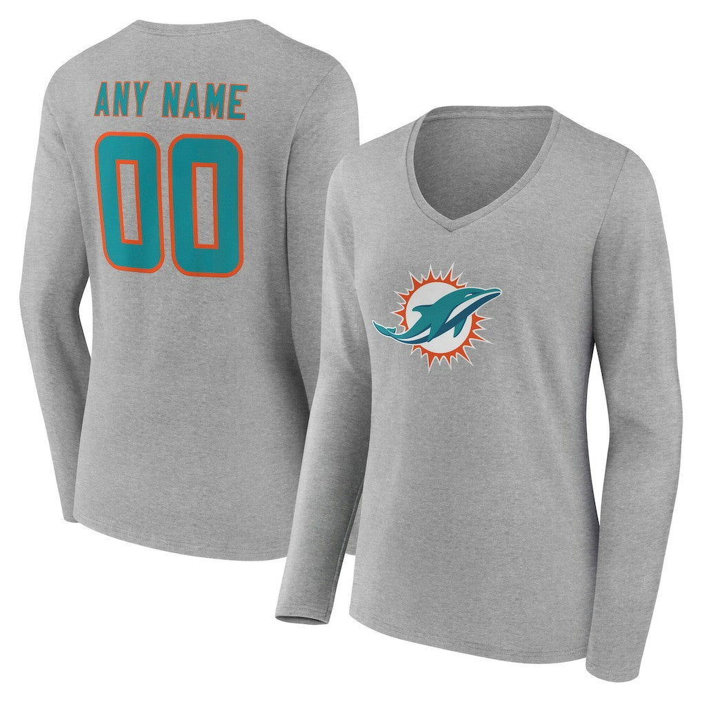 Miami Dolphins Women's Team Authentic Personalized Name & Number Long Sleeve V-Neck T-Shirt | NFL Hot