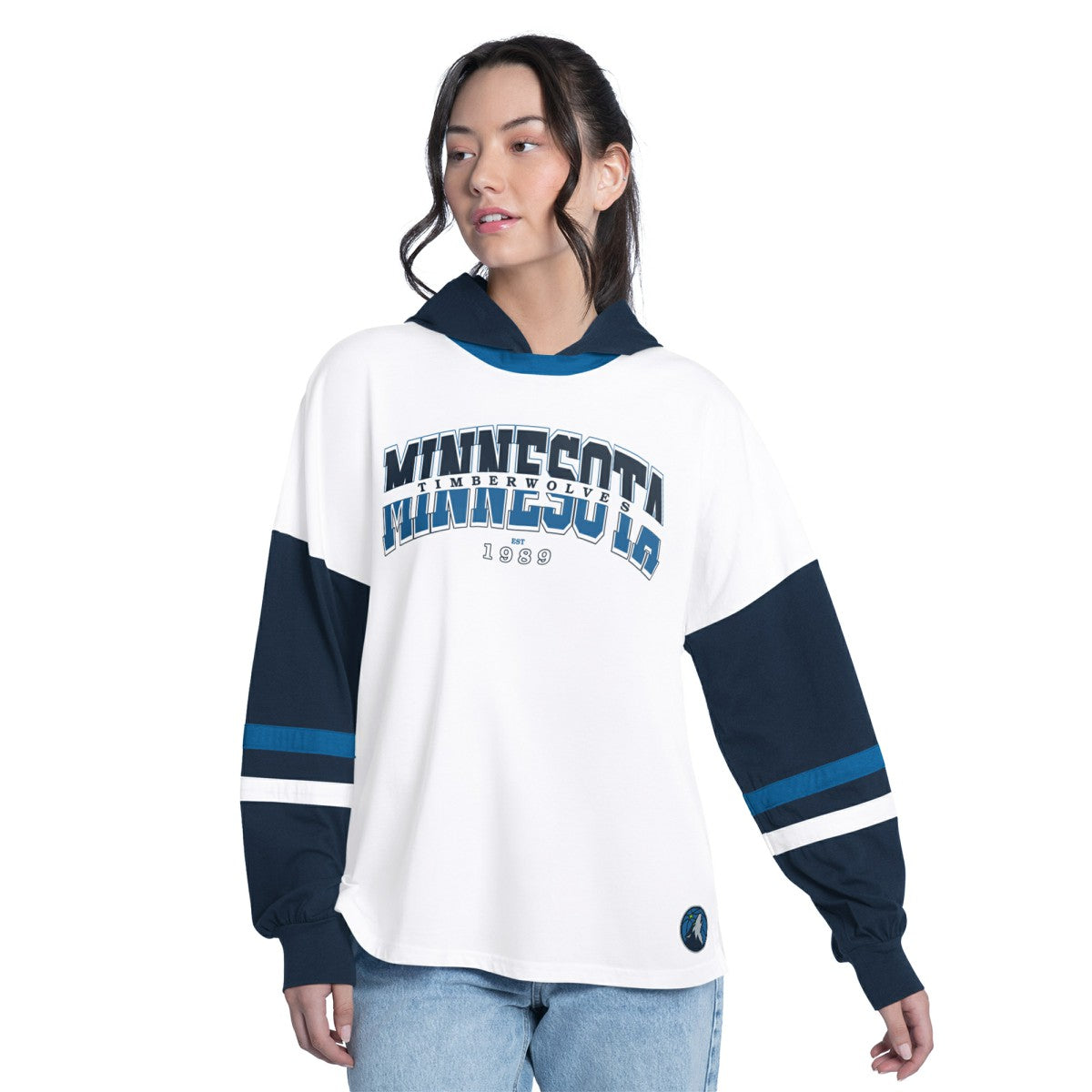 White/Navy Minnesota Timberwolves G-III 4Her by Carl Banks Women's Key Player Oversized Hooded Long Sleeve T-Shirt | NBA