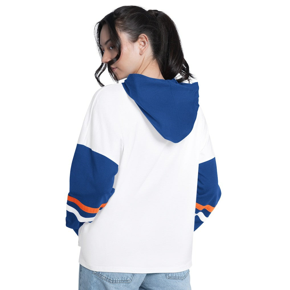 White/Royal New York Knicks G-III 4Her by Carl Banks Women's Key Player Oversized Hooded Long Sleeve T-Shirt | NBA