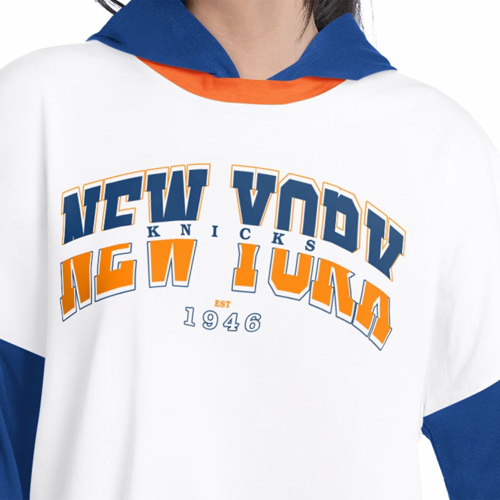 White/Royal New York Knicks G-III 4Her by Carl Banks Women's Key Player Oversized Hooded Long Sleeve T-Shirt | NBA
