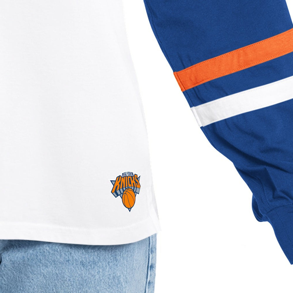 White/Royal New York Knicks G-III 4Her by Carl Banks Women's Key Player Oversized Hooded Long Sleeve T-Shirt | NBA
