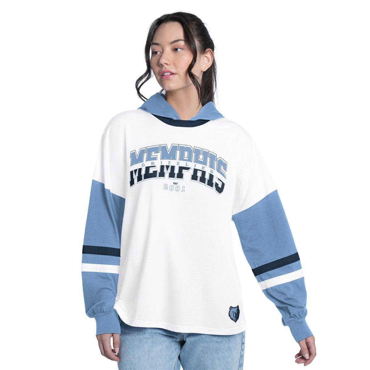 White/Blue Memphis Grizzlies G-III 4Her by Carl Banks Women's Key Player Oversized Hooded Long Sleeve T-Shirt | NBA