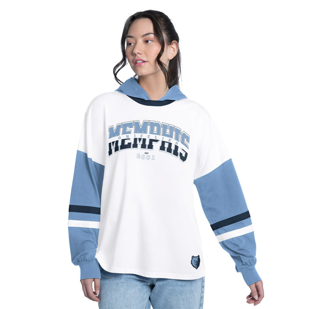 White/Blue Memphis Grizzlies G-III 4Her by Carl Banks Women's Key Player Oversized Hooded Long Sleeve T-Shirt | NBA