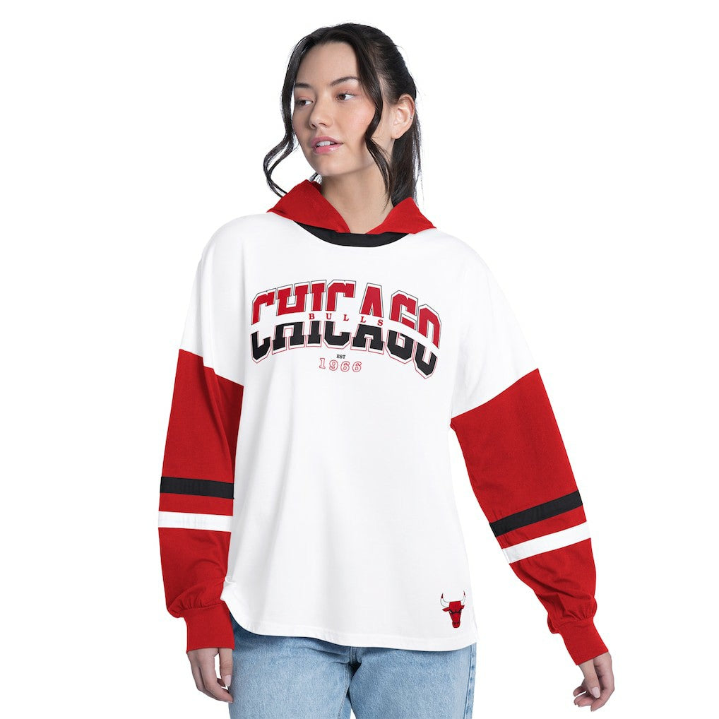 White/Red Chicago Bulls G-III 4Her by Carl Banks Women's Key Player Oversized Hooded Long Sleeve T-Shirt sale | NBA