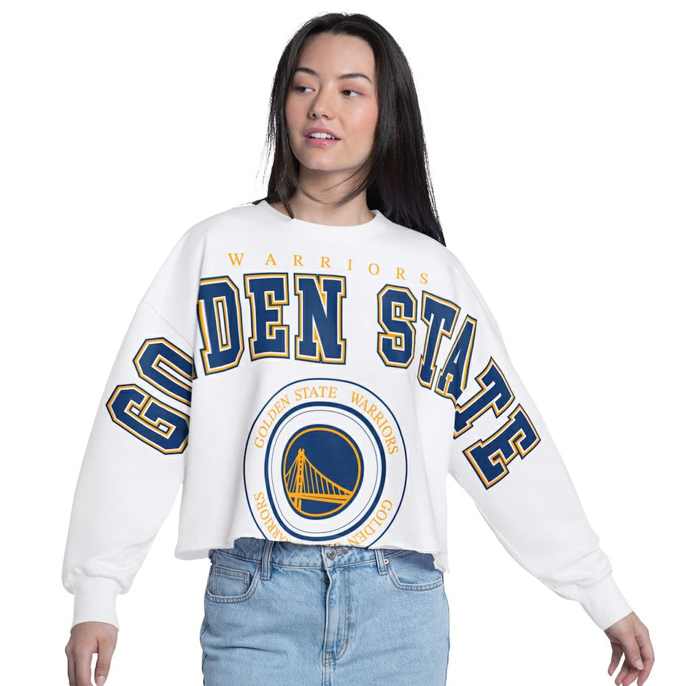White Golden State Warriors G-III 4Her by Carl Banks Women's Bleachers Cropped French Terry Sweatshirt sale | NBA