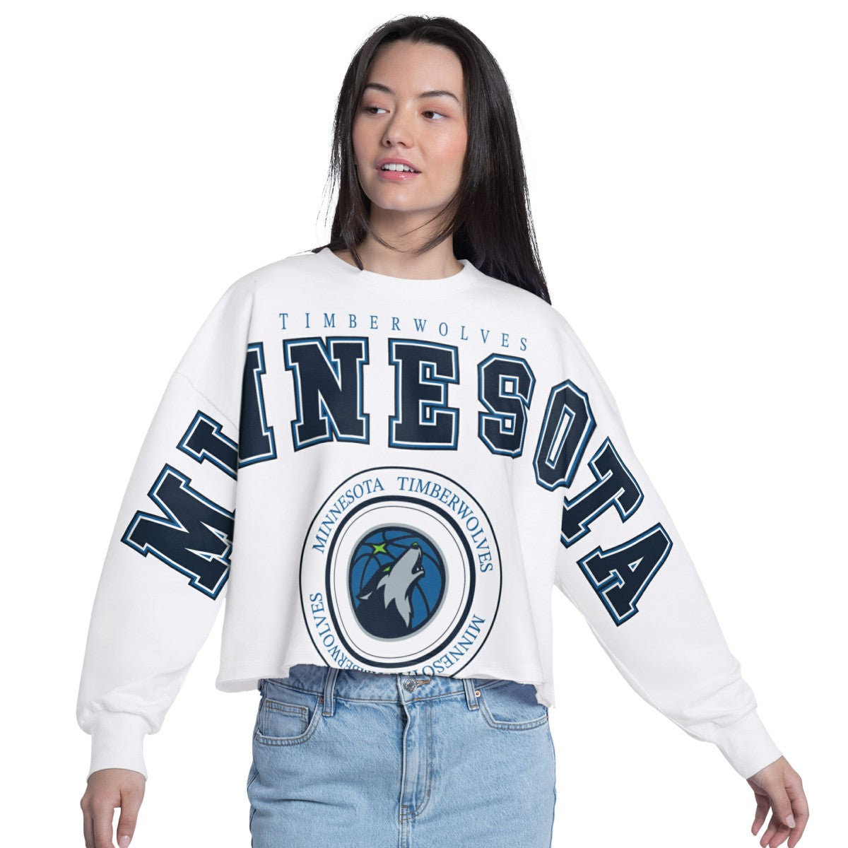 White Minnesota Timberwolves G-III 4Her by Carl Banks Women's Bleachers Cropped French Terry Sweatshirt | NBA