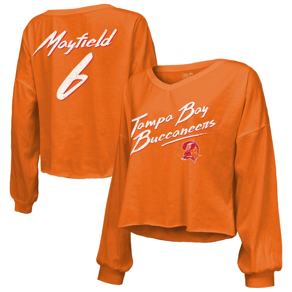 Tampa Bay Buccaneers Baker Mayfield  Majestic Threads Women's Off-Shoulder Script Name & Number V-Neck T-Shirt | NFL Hot