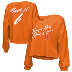 Tampa Bay Buccaneers Baker Mayfield  Majestic Threads Women's Off-Shoulder Script Name & Number V-Neck T-Shirt | NFL Hot