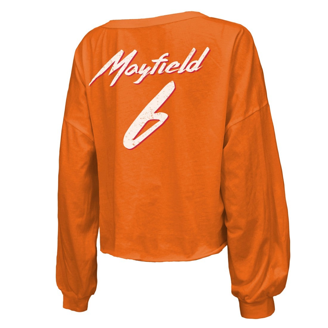 Tampa Bay Buccaneers Baker Mayfield  Majestic Threads Women's Off-Shoulder Script Name & Number V-Neck T-Shirt | NFL Hot