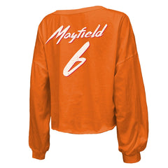 Tampa Bay Buccaneers Baker Mayfield  Majestic Threads Women's Off-Shoulder Script Name & Number V-Neck T-Shirt | NFL Hot