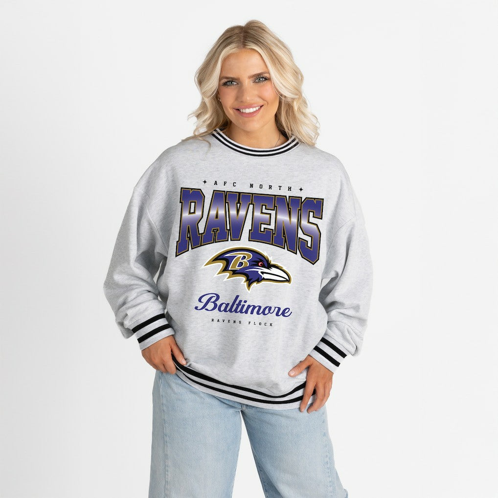 Baltimore Ravens Gameday Couture Women's Oversized Gridiron Drive Ringer Stripe Sweatshirt | NFL US