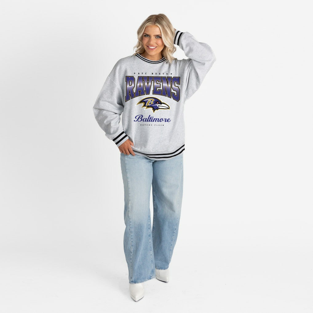 Baltimore Ravens Gameday Couture Women's Oversized Gridiron Drive Ringer Stripe Sweatshirt | NFL US
