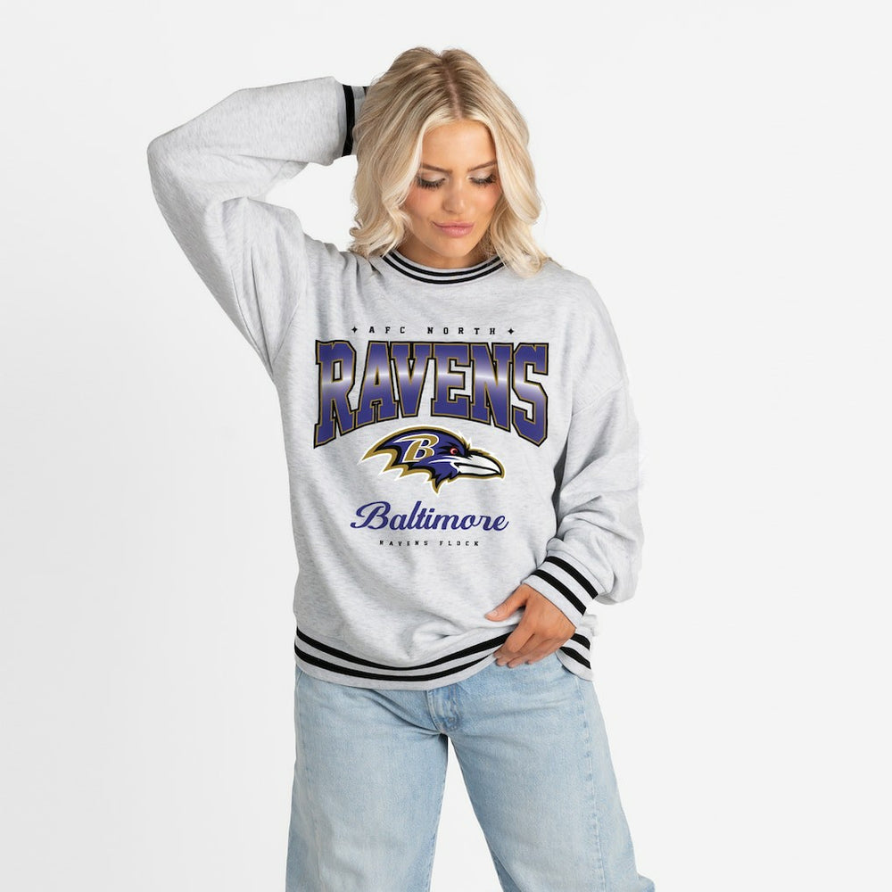 Baltimore Ravens Gameday Couture Women's Oversized Gridiron Drive Ringer Stripe Sweatshirt | NFL US