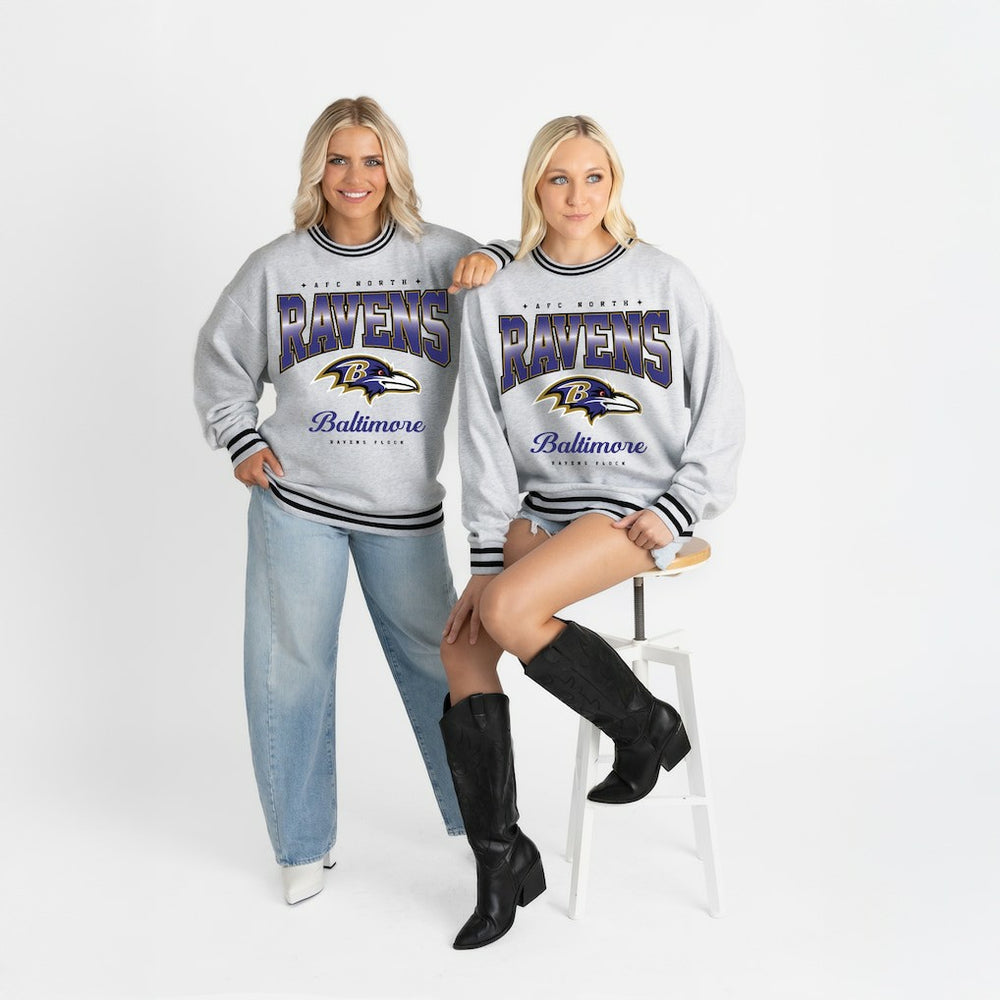 Baltimore Ravens Gameday Couture Women's Oversized Gridiron Drive Ringer Stripe Sweatshirt | NFL US